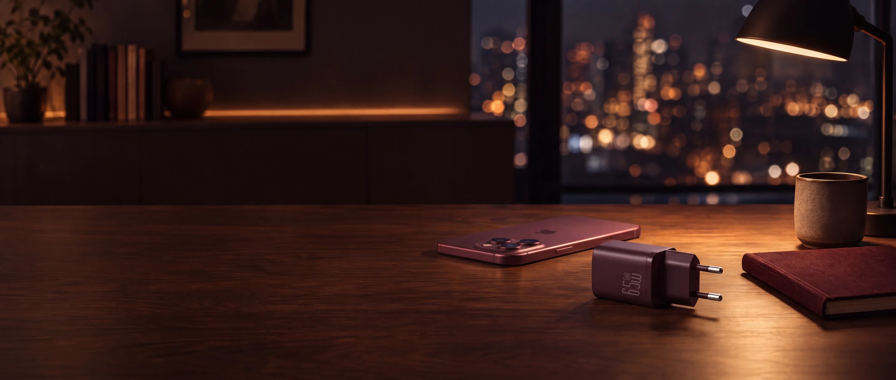 Le chargeur 65 W bordeaux et un iPhone 18 Pro Max bordeaux posés sur un bureau en noyer, le soir, sous la lumière d’une lampe, la ville en arrière-plan.